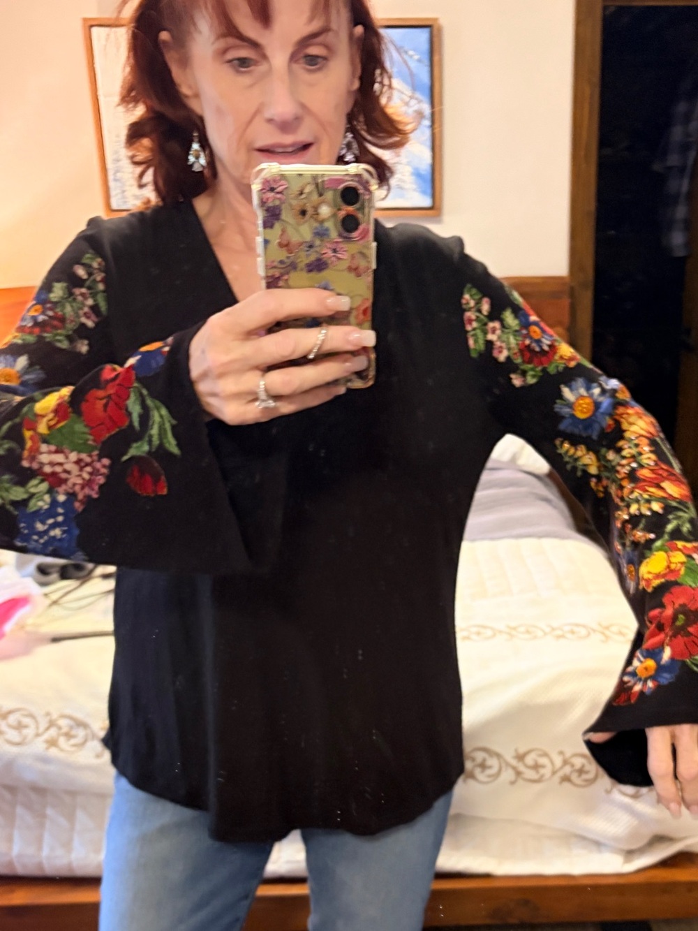 Desigual Jeweled Embroidered Sleeve Black Tee Large